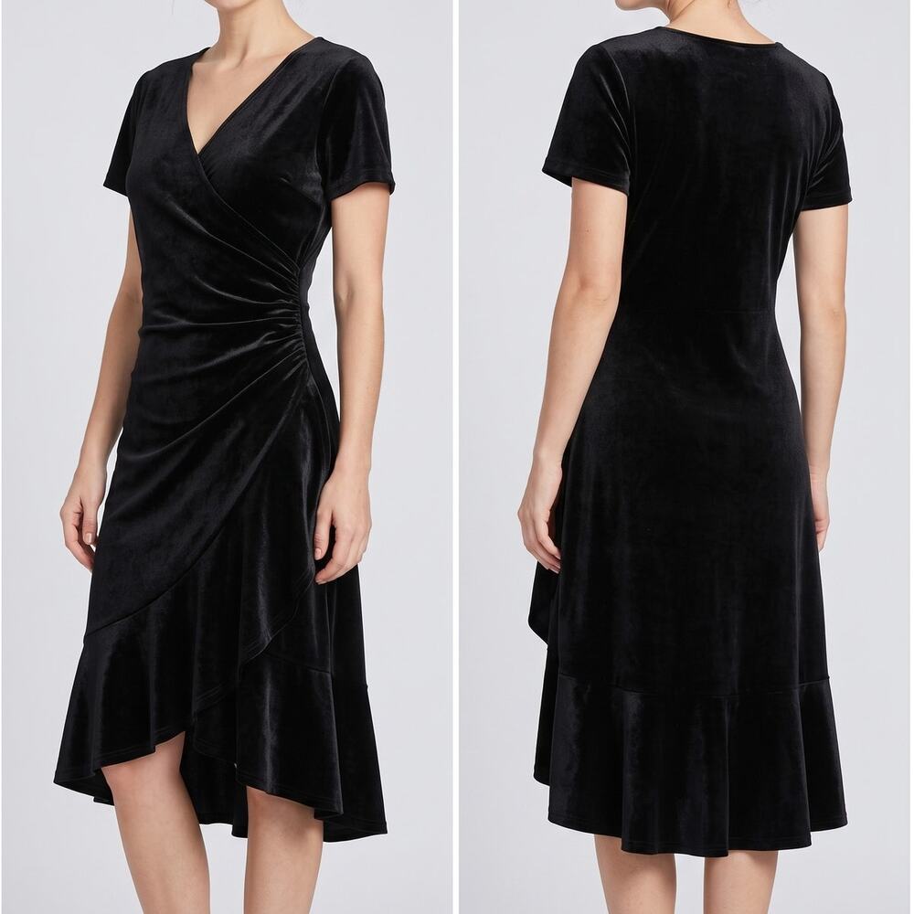 Anne Klein Size 6 Black Velvet Velour V Neck Short Sleeve Dress Ruched Side